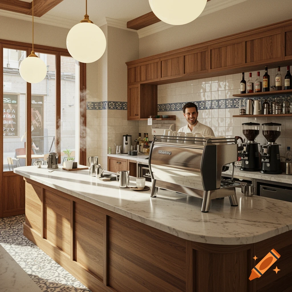A photorealistic interior of a bright, modern Spanish cafe with a smiling male barista behind a long marble bar with a chrome espresso machine.