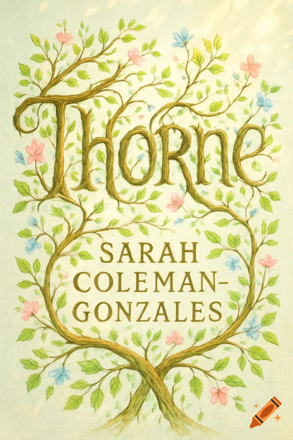 A whimsical book cover for "Thorne" by Sarah Coleman-Gonzales, with the text formed by twisting tree branches adorned with green leaves and pink and blue flowers.