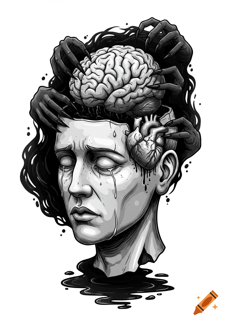 Stylized grayscale tattoo design of a crying head with open skull, dark hands ripping the brain, and a bleeding heart.