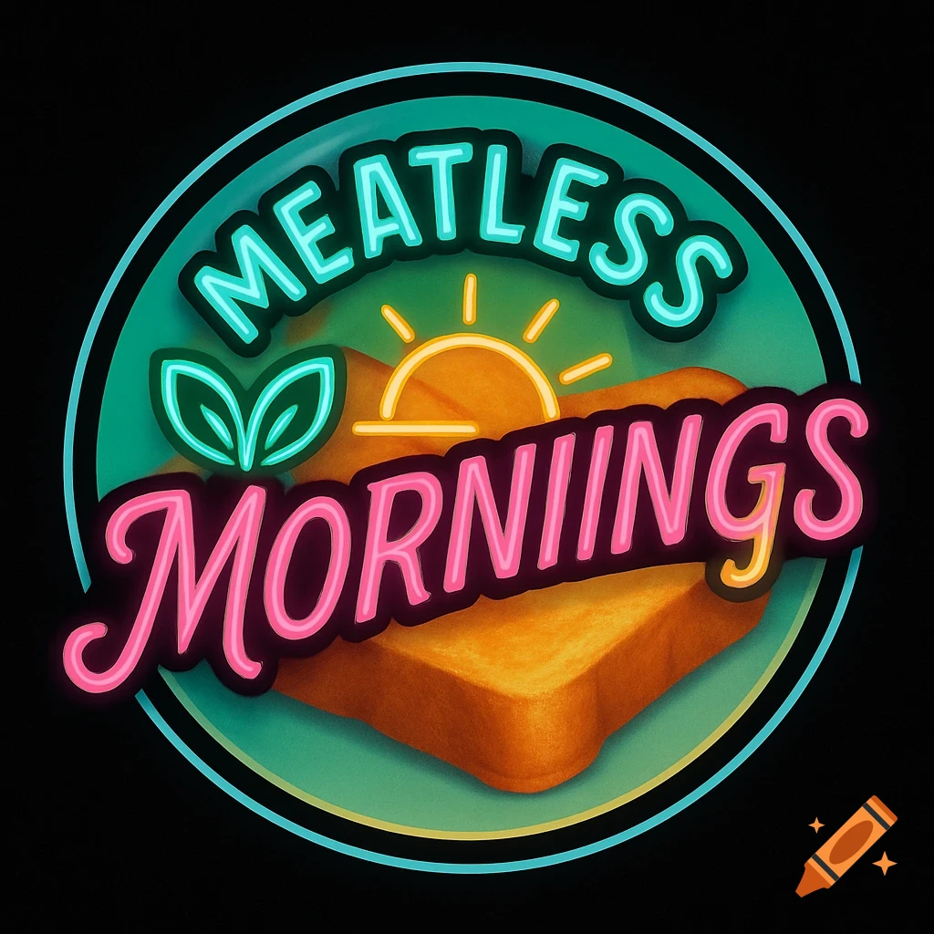 A retro diner logo with neon text "MEATLESS MORNIIINGS" over a slice of bread, a stylized sun, and green leaves.
