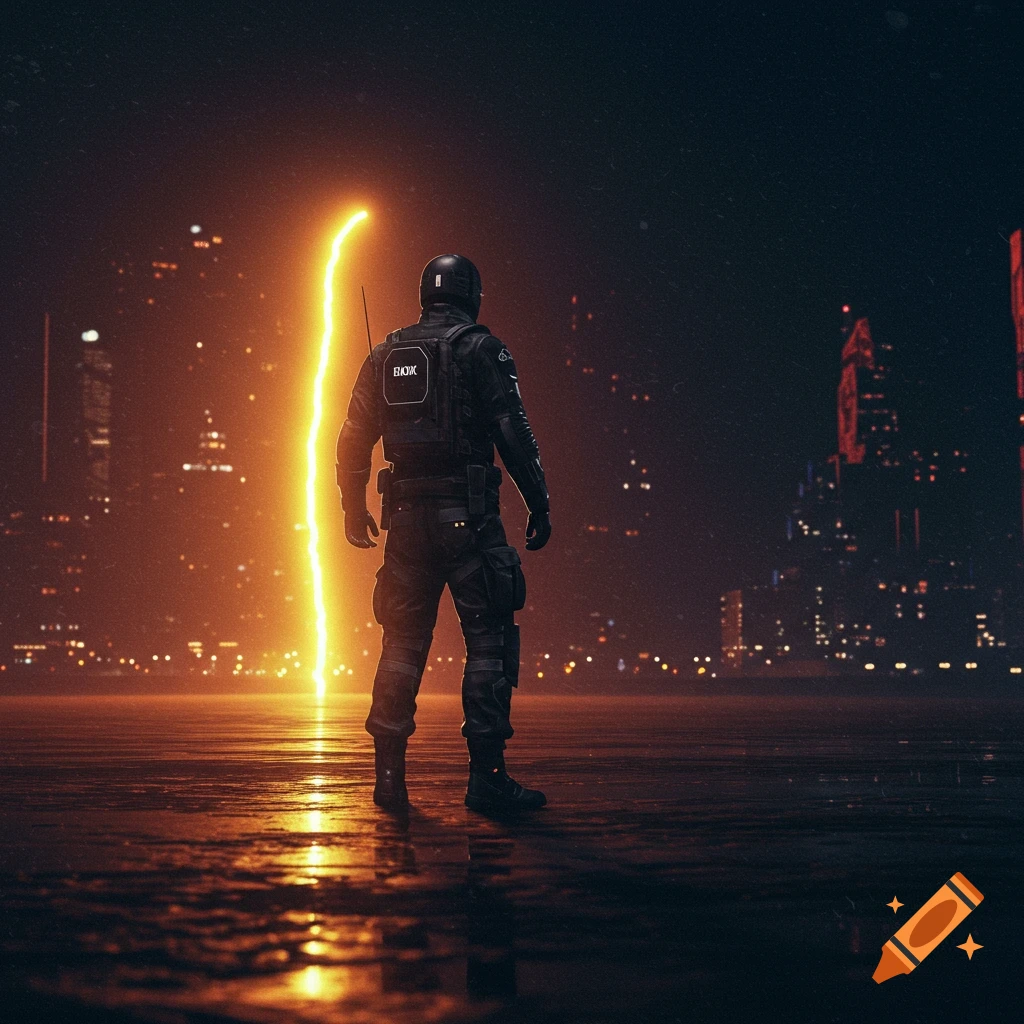 A person in black tactical gear stands on a wet surface, looking at a bright vertical beam of light in a dark, futuristic cityscape at night.