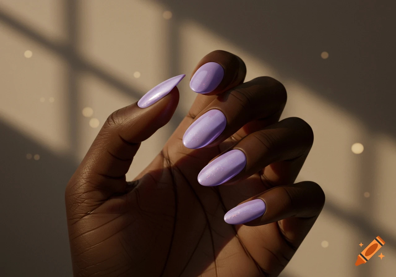 A close-up of a dark-skinned hand with long, shimmery light purple nails in squoval style, bathed in sunlight with soft shadows and bokeh effects.
