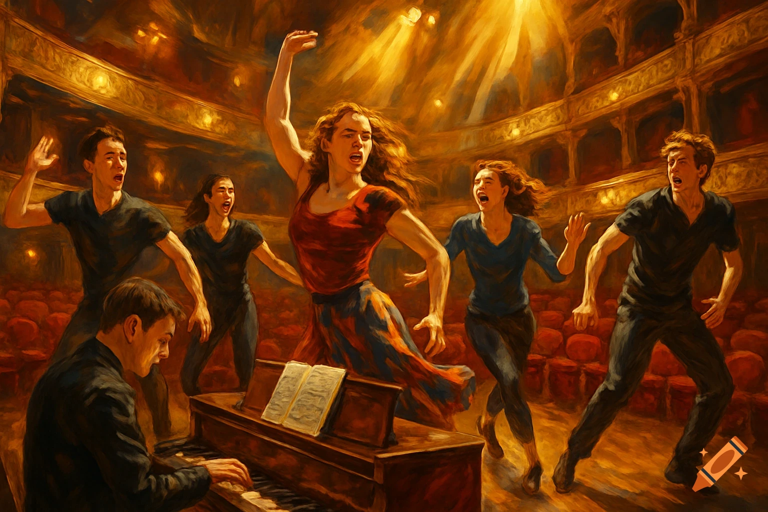 An oil painting of six people on a stage, bathed in golden spotlights. A central female figure in a red top and striped skirt dances with arms raised, mouth open as if singing. Other figures surround her, some with mouths open, others reacting, and one man plays a piano in the foreground. The background shows empty theatre seats and opera boxes.