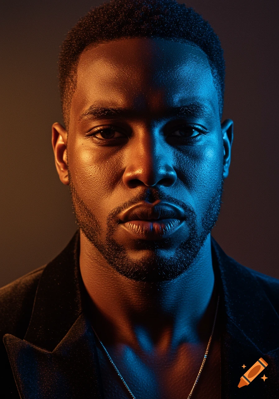 A hyper-realistic close-up portrait of a man with a beard, lit by dramatic amber and icy blue light, wearing a dark velvet jacket and a chain.