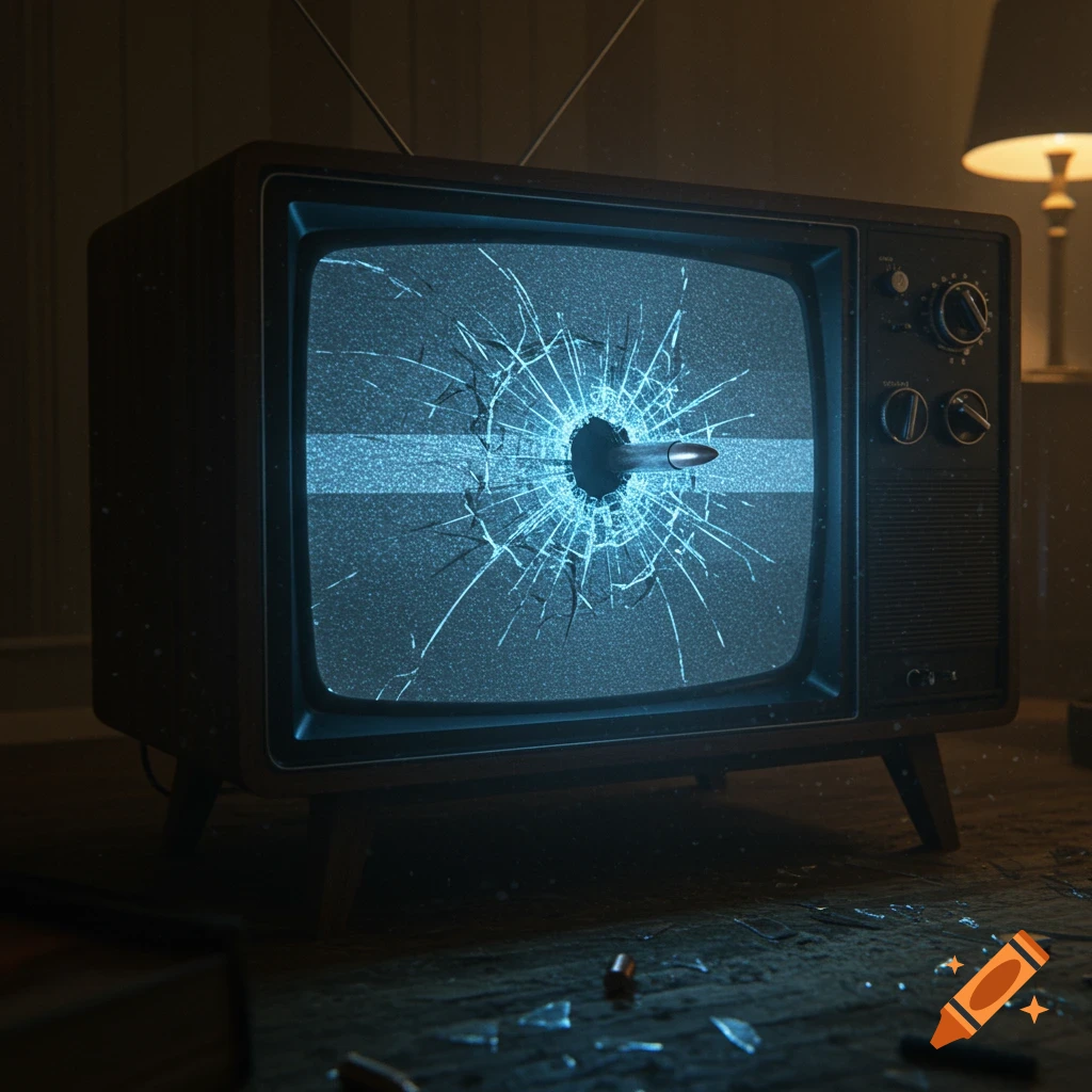A bullet is lodged in the shattered screen of an old television set, with glass shards on the floor.