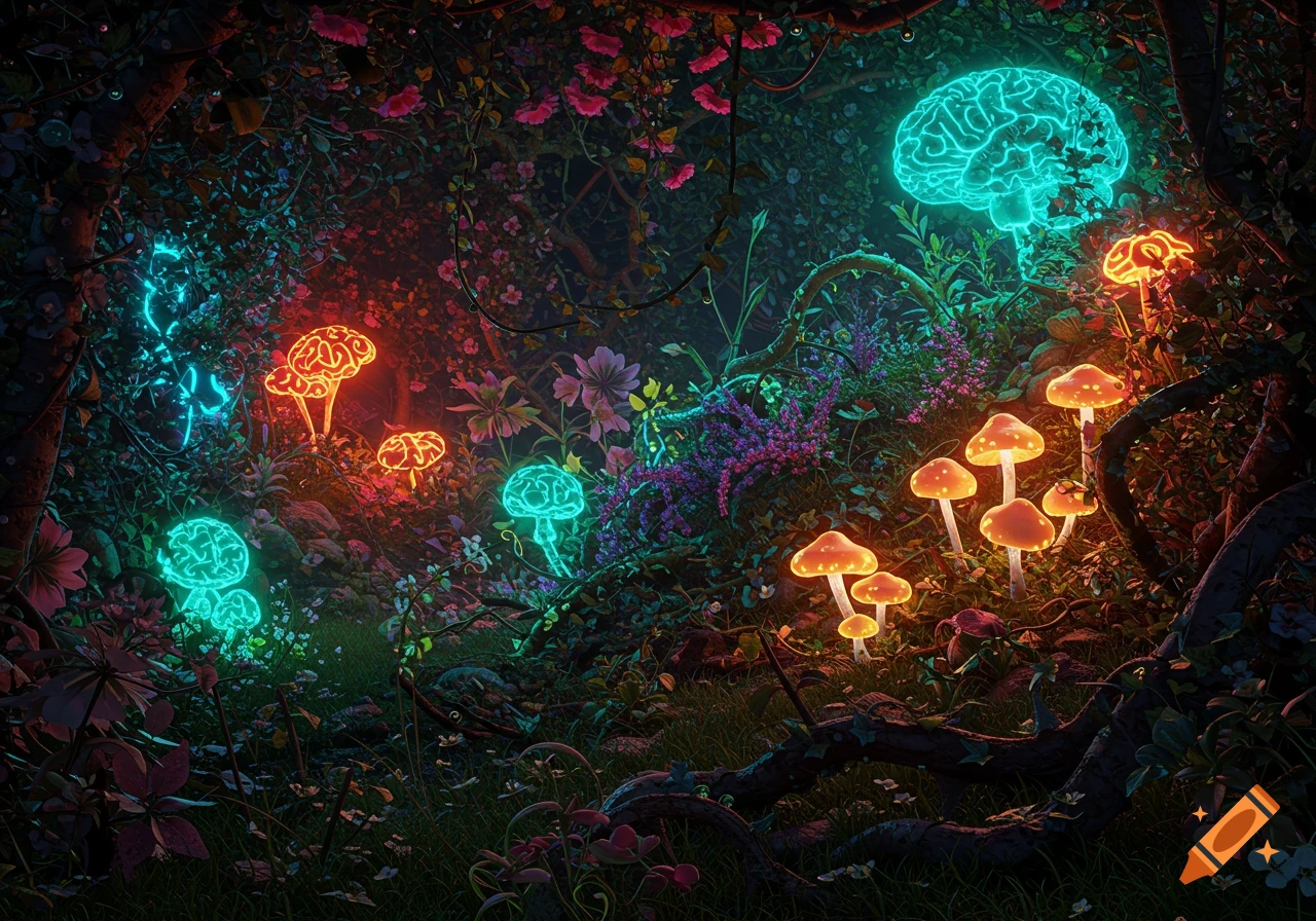 A dark, enchanting forest scene illuminated by neon glowing mushrooms and brain-like structures in vibrant red, orange, and teal.