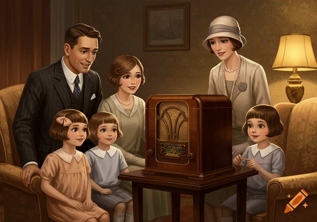 An illustrated 1920s family, including parents and two young girls, gathered around a wooden radio in a warmly lit room.