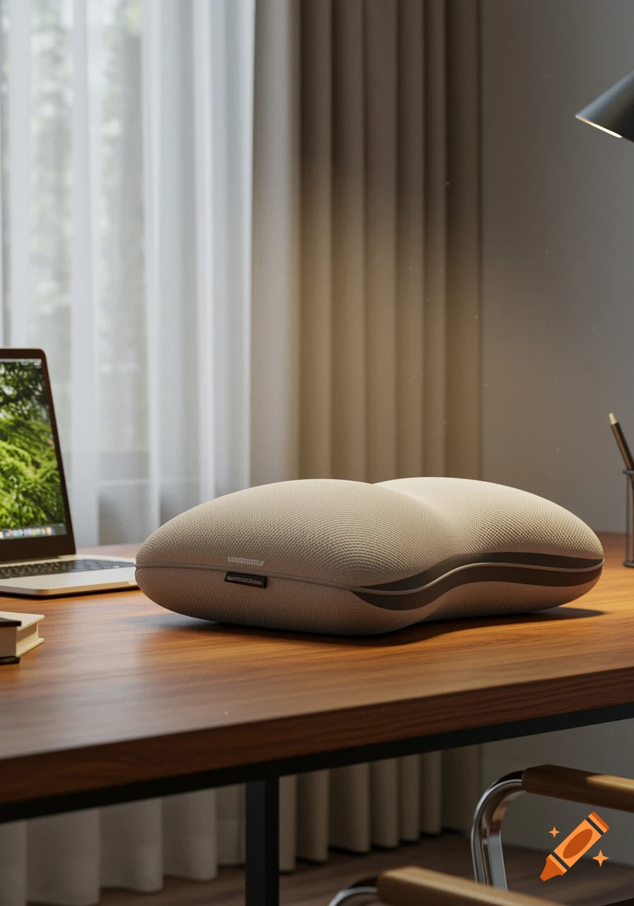 A grey ergonomic pillow sits on a wooden desk next to a laptop in a photorealistic home office setting.