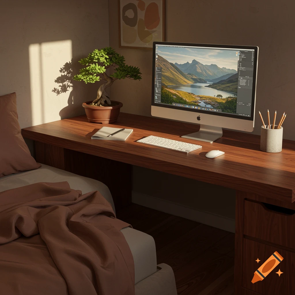 A photorealistic computer setup with an Apple iMac on a wooden desk next to a bed, bathed in sunlight from a window.