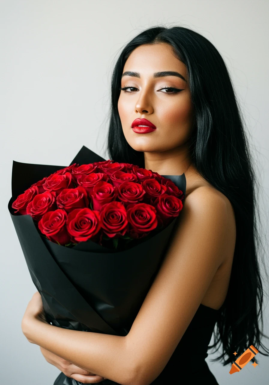 A woman with long dark hair and red lipstick holds a large bouquet of red roses wrapped in black paper, looking at the camera. Photorealistic style.