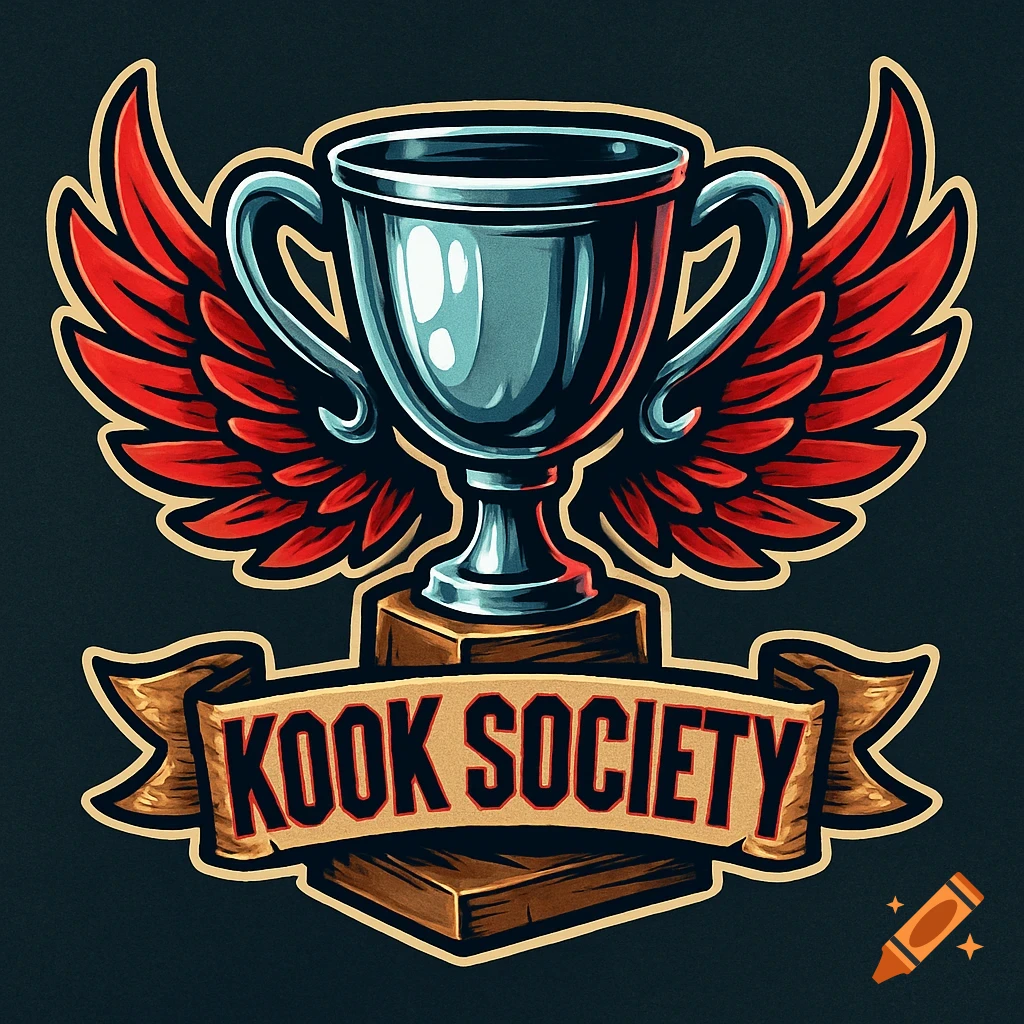 Stylized silver trophy with red wings and a banner reading 'KOOK SOCIETY' in a vector art style.