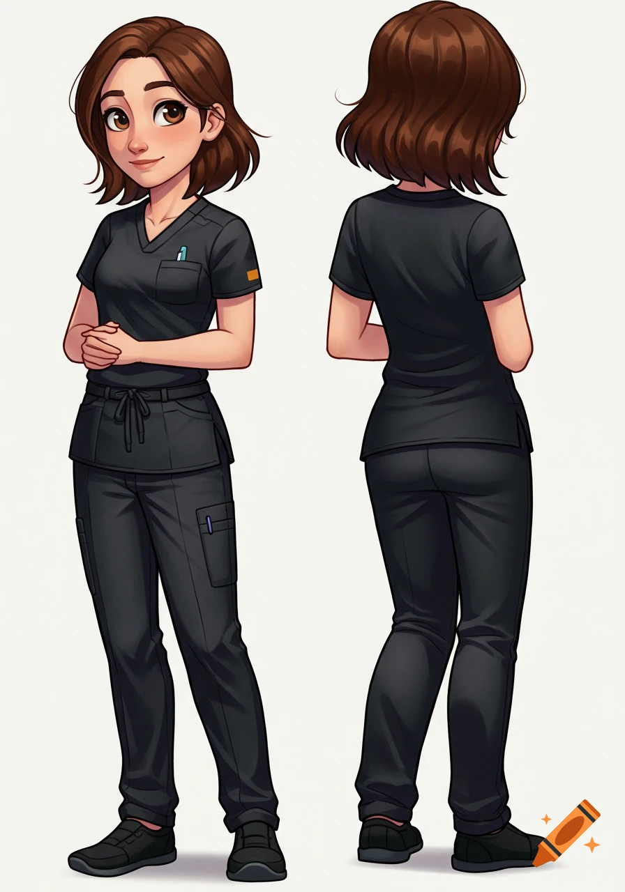 A cartoon woman in dark grey scrubs, shown from the front and back, in a Disney/Pixar style.