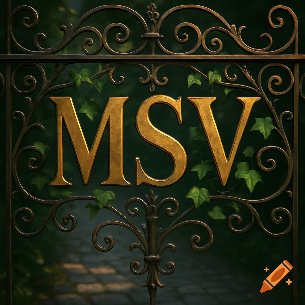 A close-up of a decorative metal gate with the gold letters MSV and green ivy intertwined.