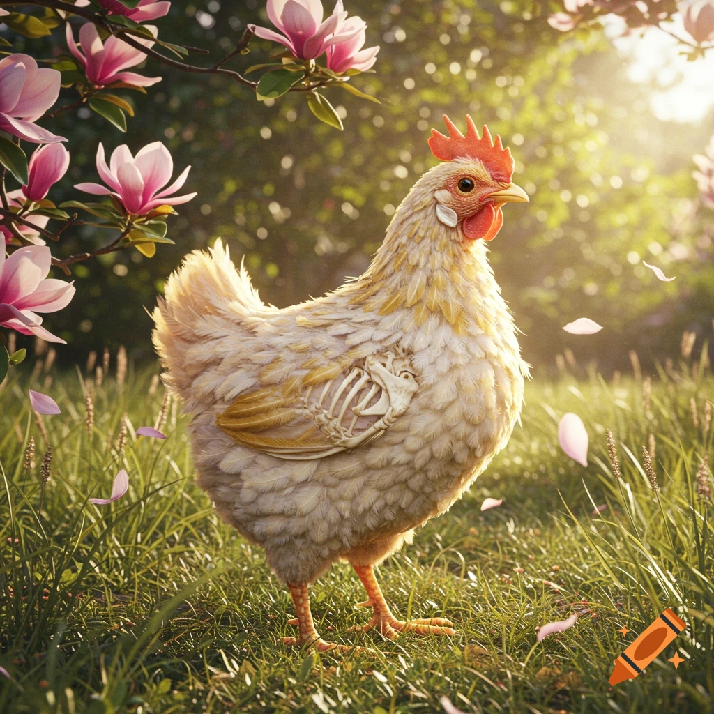 A photorealistic chicken with an exposed ribcage stands in a sunny garden with pink magnolia flowers.
