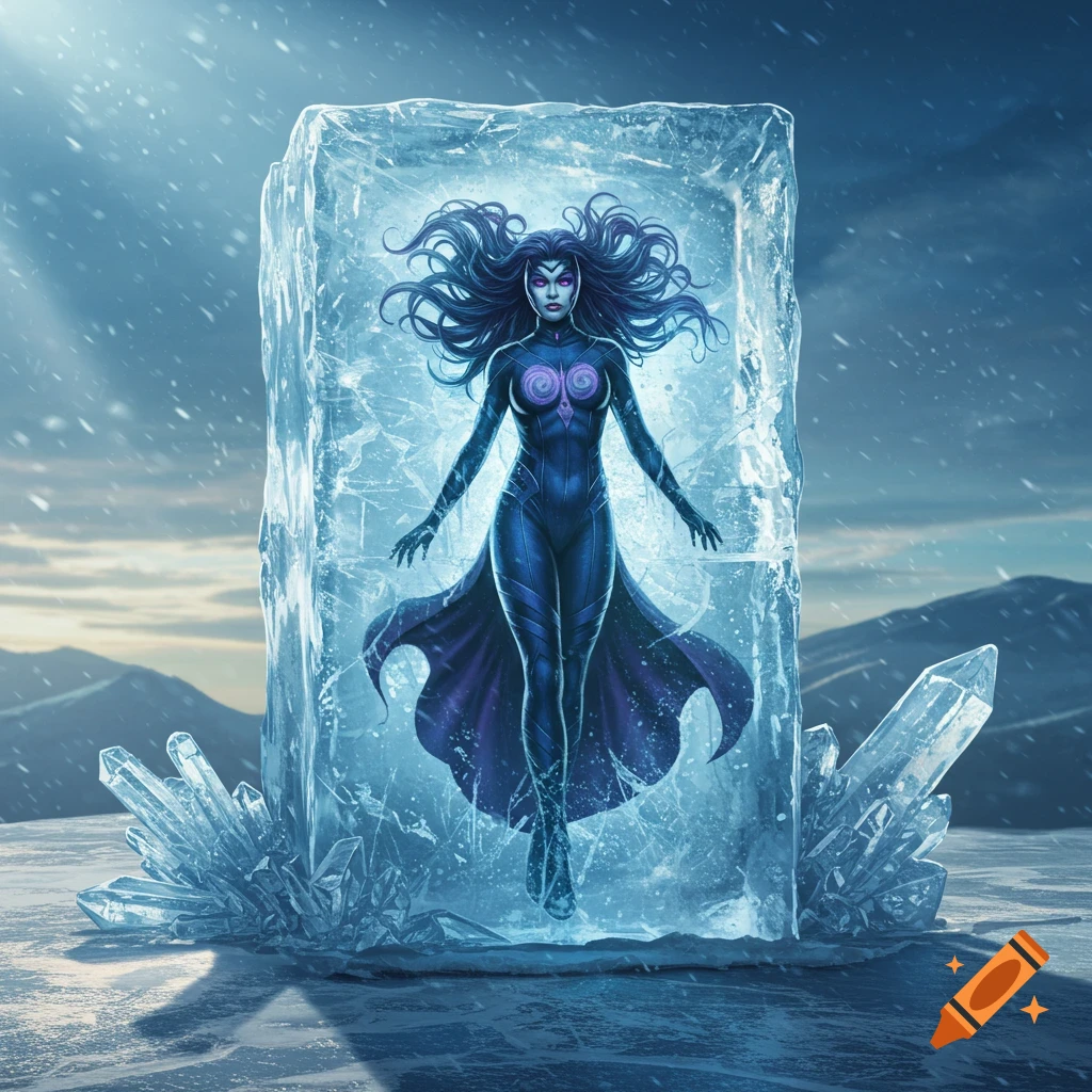 A dark-haired superhero in a purple suit frozen in a large block of ice, surrounded by snow and ice crystals in a cold mountain landscape.