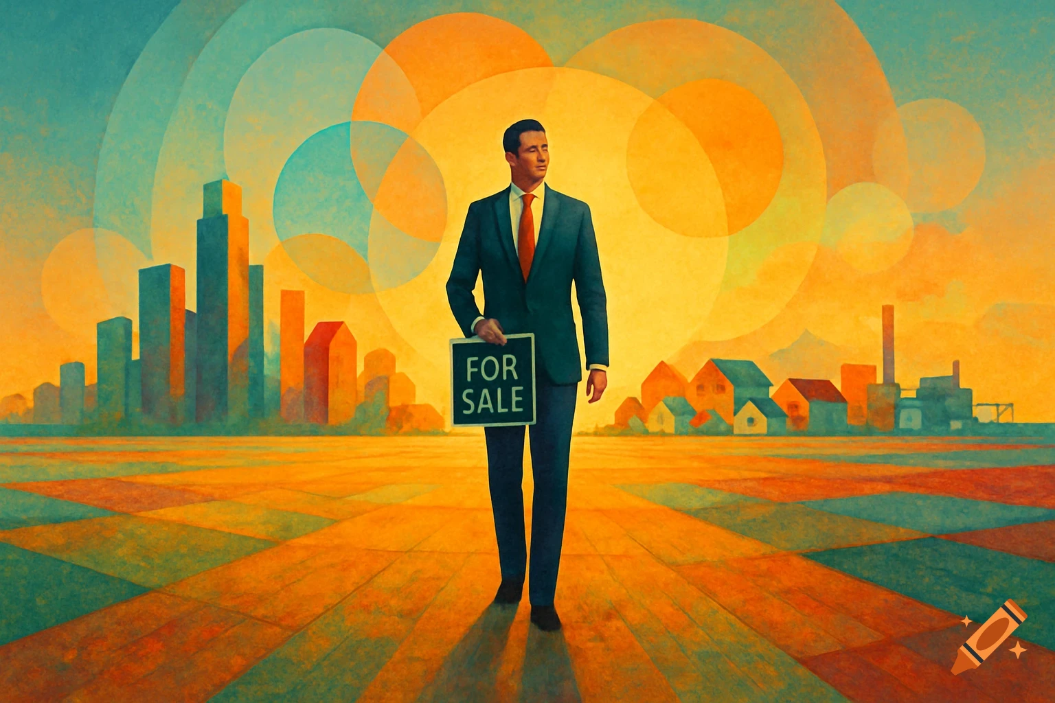 A man in a suit holds a "FOR SALE" sign, standing on a checkered ground with a city skyline and houses under a vibrant, abstract sky.