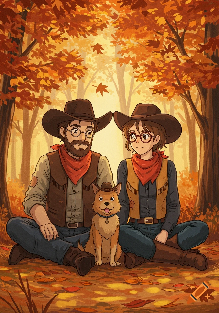 A man and woman dressed as cowboys with a dog sit in a colorful autumn forest, in Studio Ghibli style.