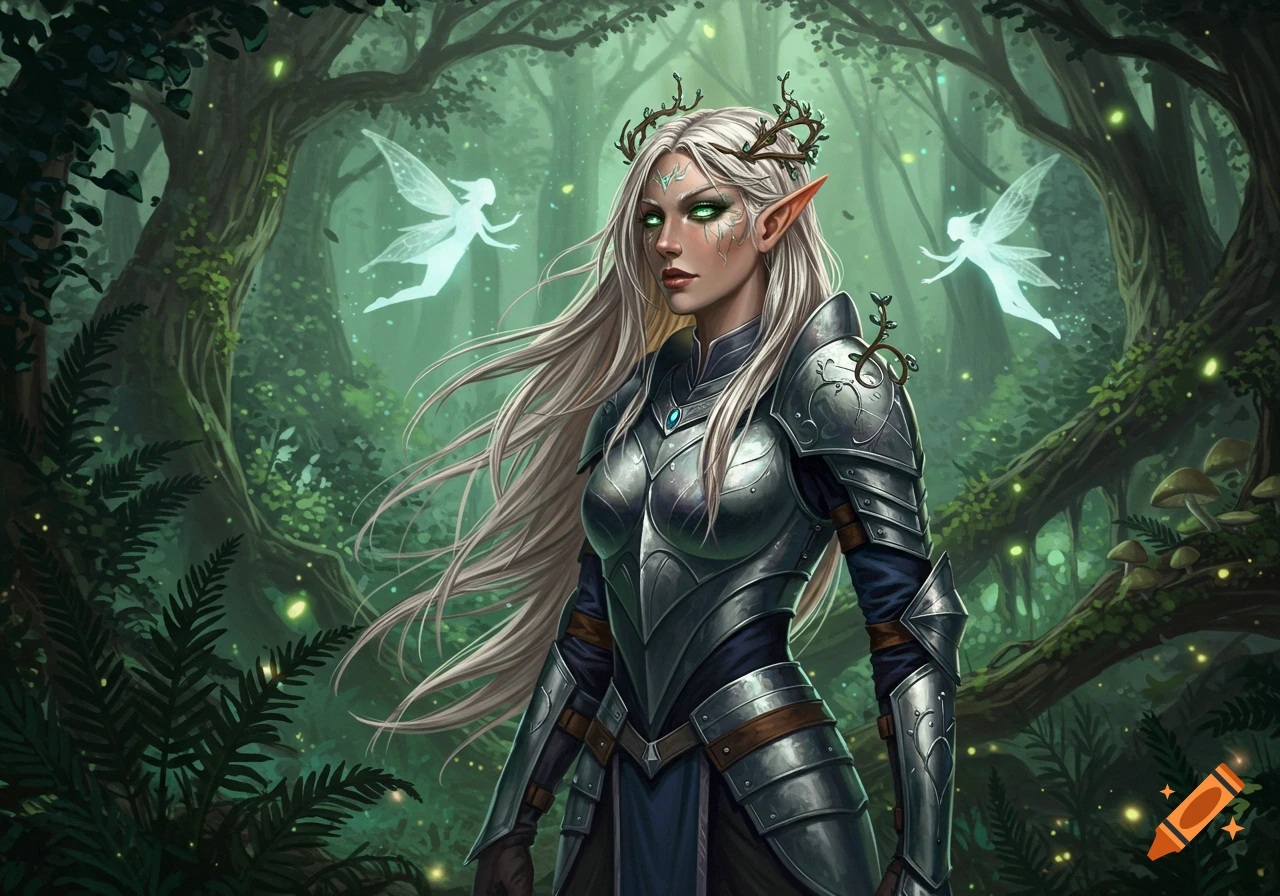 A female elf warrior with long white hair, green eyes, and antlers wearing silver armor, standing in a mystical, green forest with glowing fairies.