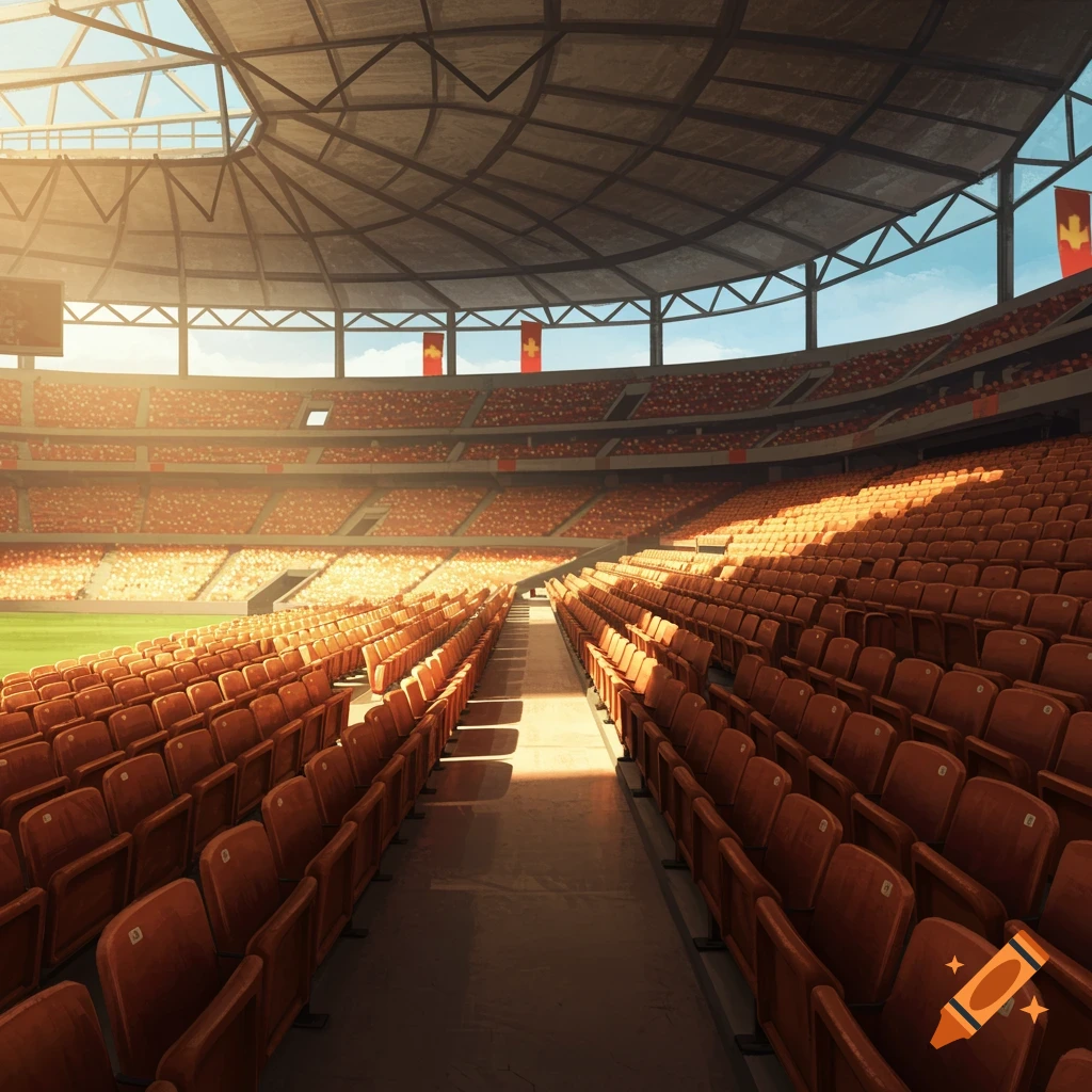 An empty sports stadium filled with orange seats, illuminated by sunlight from the open roof.