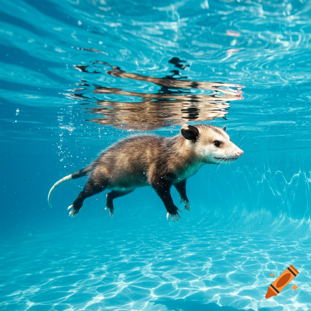 A photorealistic opossum swims gracefully underwater in a bright blue swimming pool, with light ripples on the surface.