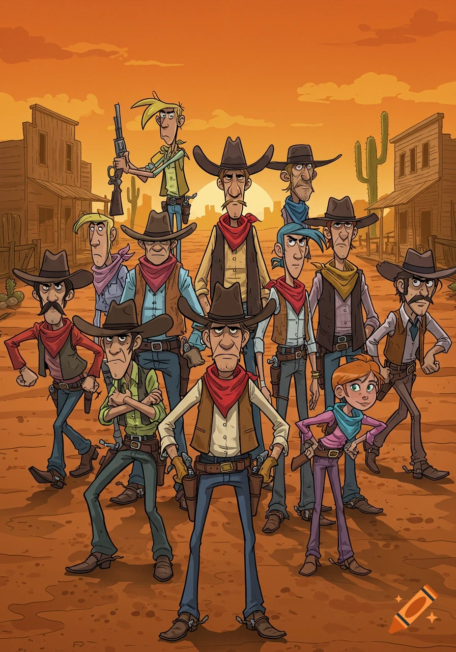 A colorful cartoon illustration of twelve cowboys and cowgirls standing in an old Western town at sunset.