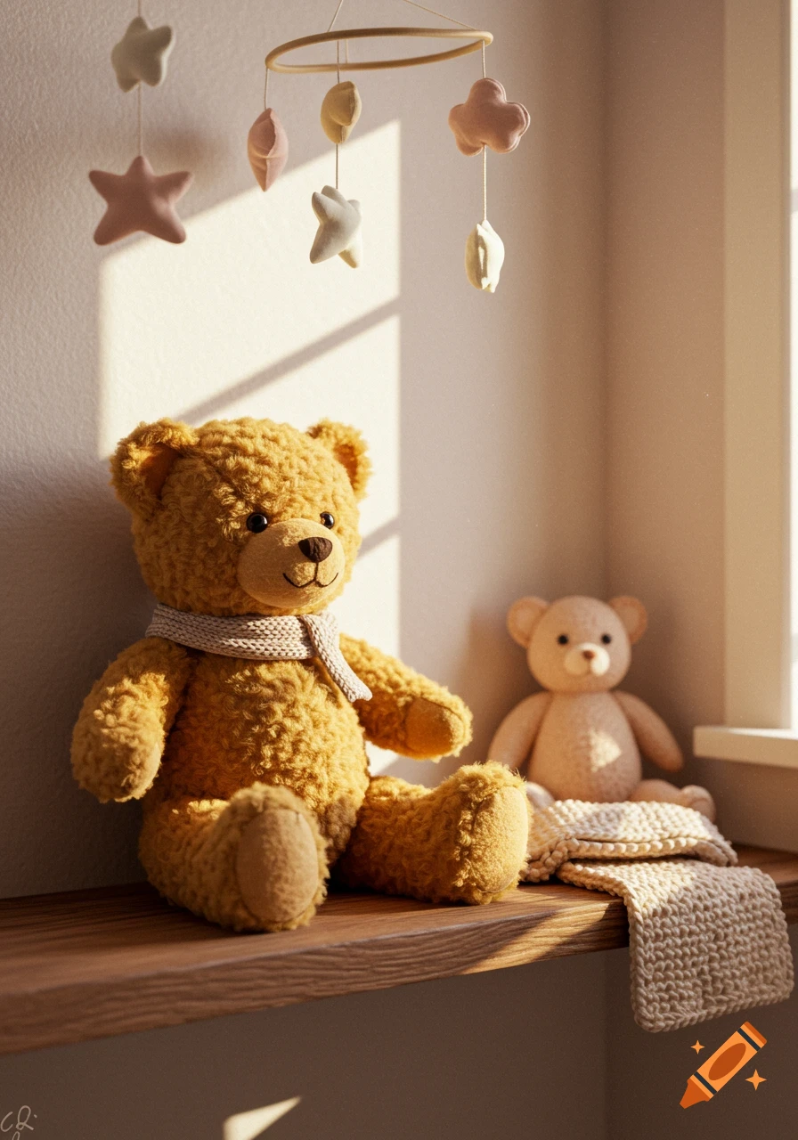A photorealistic image of a brown teddy bear with a scarf on a wooden shelf, beside a smaller teddy bear and a knitted blanket, bathed in warm sunlight. A baby mobile hangs above.