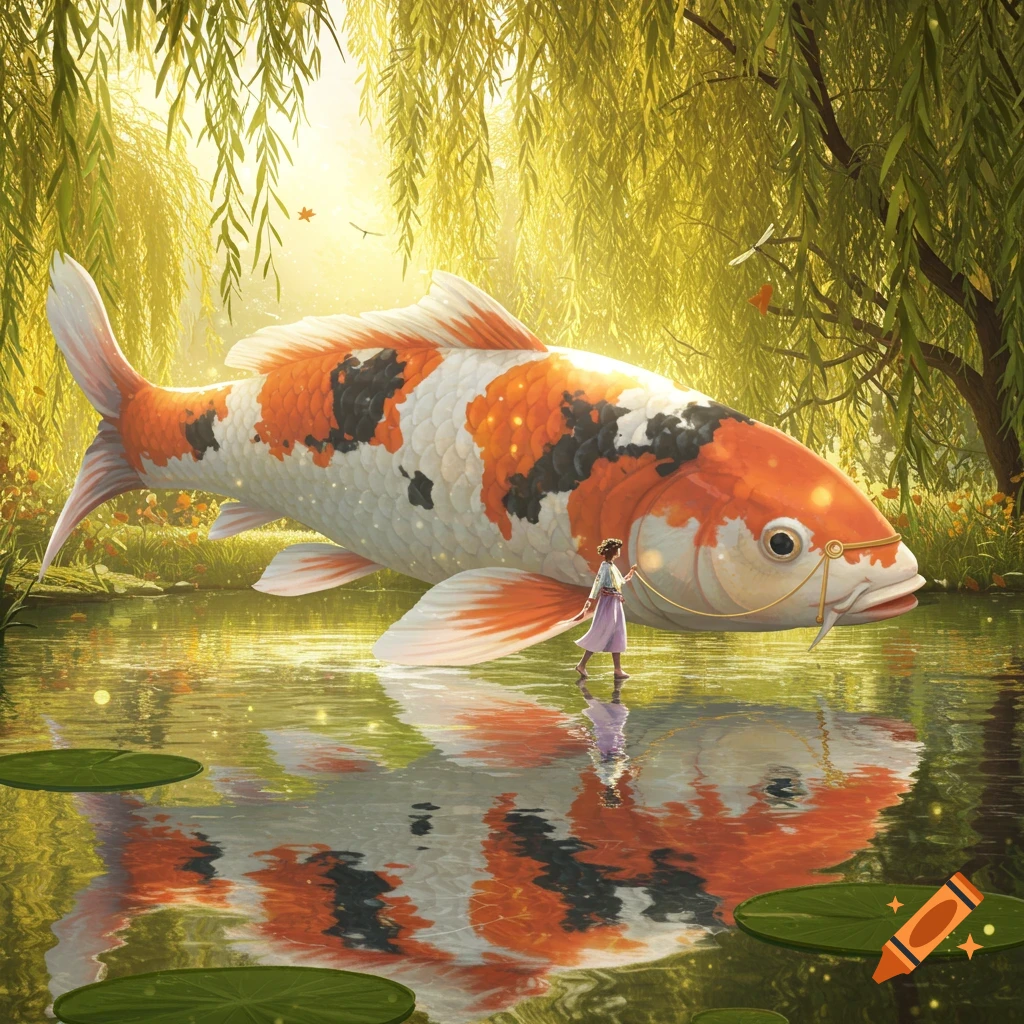 A small child walks a giant koi fish across a pond under golden willow trees.
