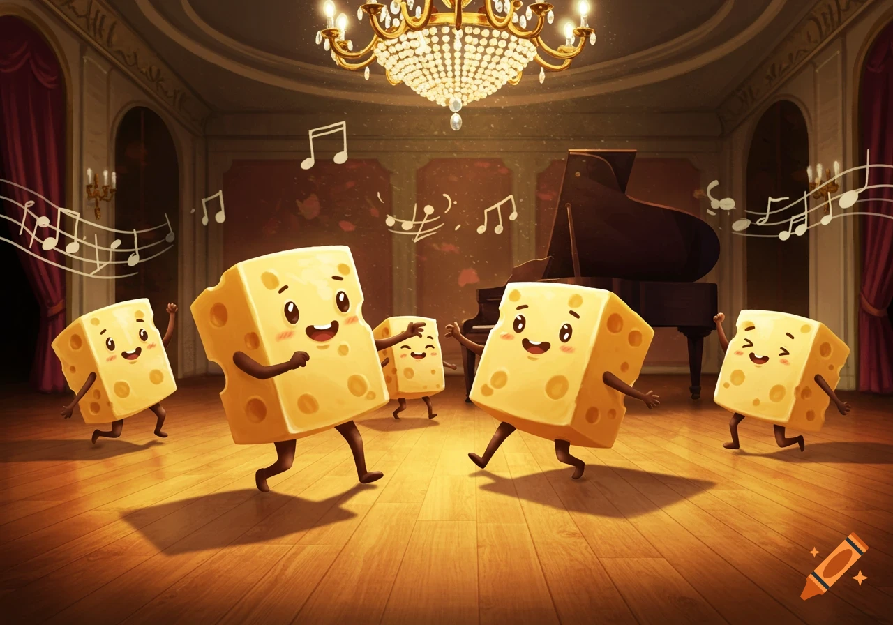Happy anthropomorphic cheese blocks dance joyfully in a grand ballroom with a piano and floating musical notes.