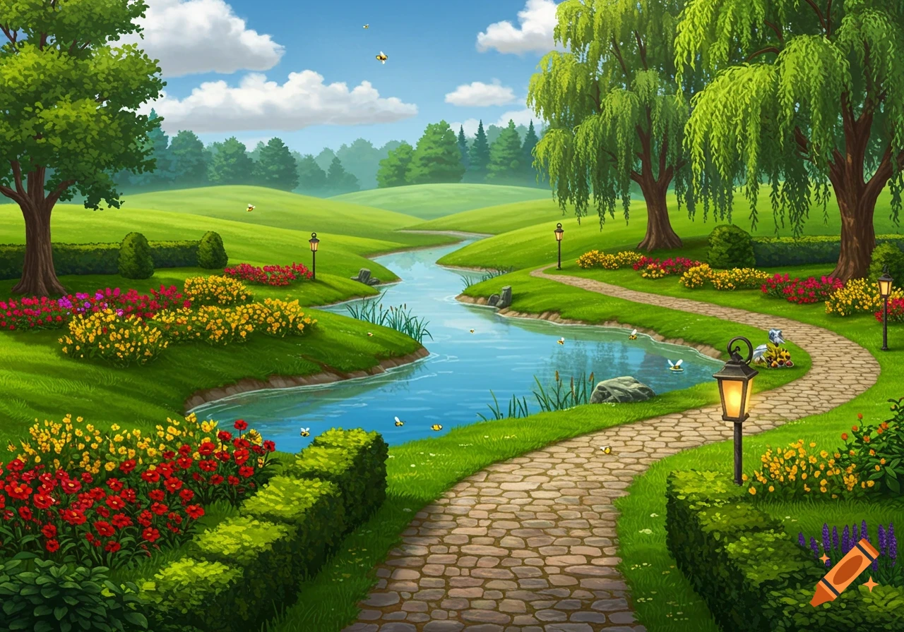 Vibrant cartoon landscape with a winding river, lush green hills, colorful flowers, and a stone path.