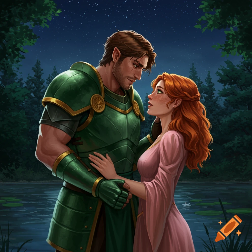 A knight in green and gold armor gazes lovingly at a princess with red hair, standing by a lake at night.