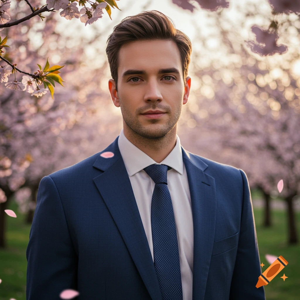 A photorealistic portrait of a handsome man in a blue suit and white shirt, standing among pink cherry blossoms.