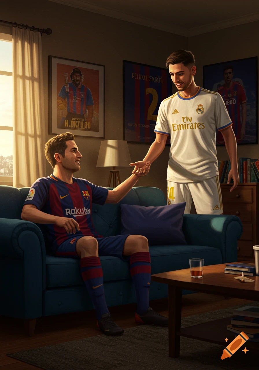 A Barcelona FC fan sits on a blue couch, extending his hand to a standing Real Madrid fan in a room with soccer posters.