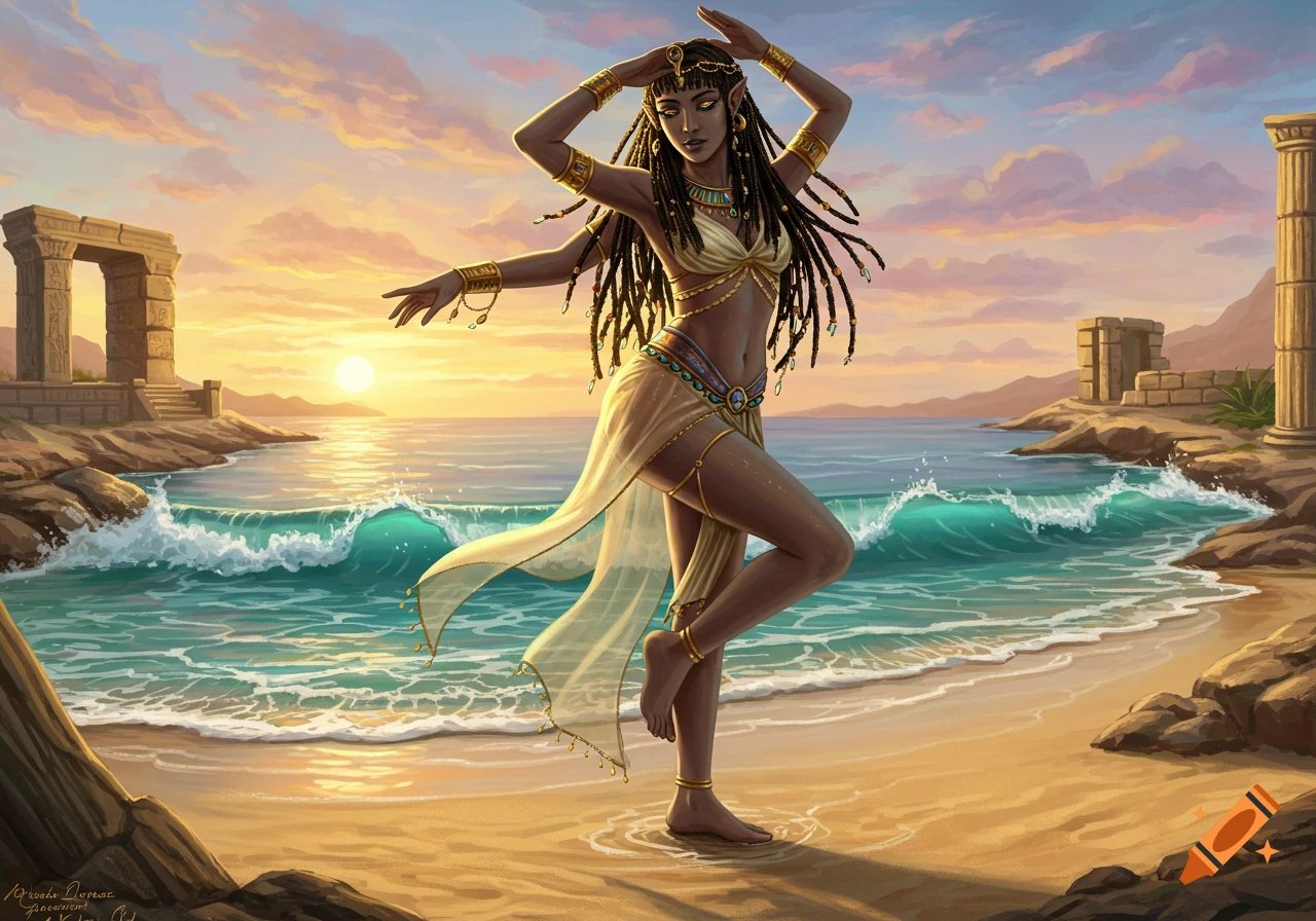 An artistic depiction of a woman with dreadlocks in Egyptian-like attire dancing on a beach at sunset with ancient ruins.
