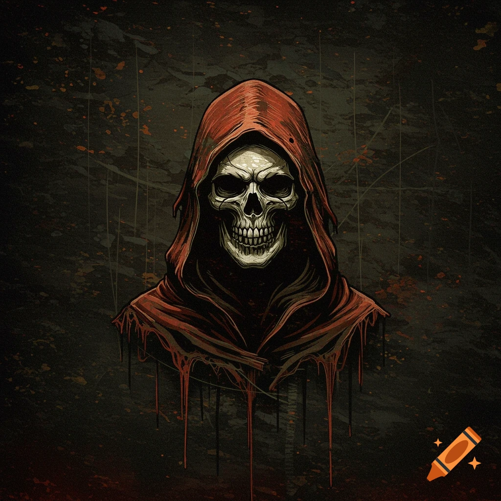 Stylized grim reaper skull in a red tattered hood on a dark textured background.