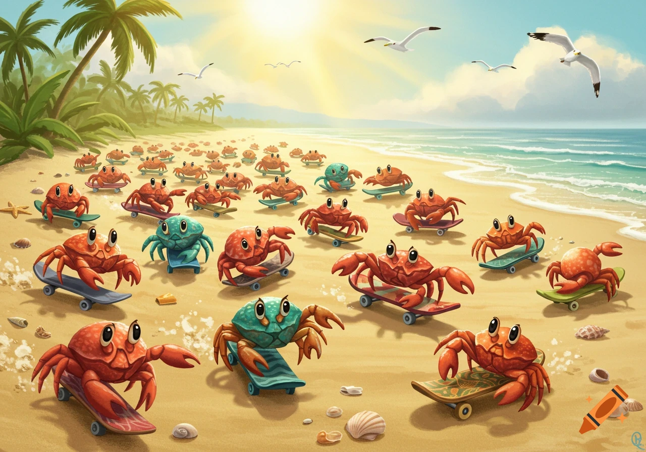 Cartoon illustration of numerous baby crabs skateboarding on a sunny beach with palm trees and seagulls.
