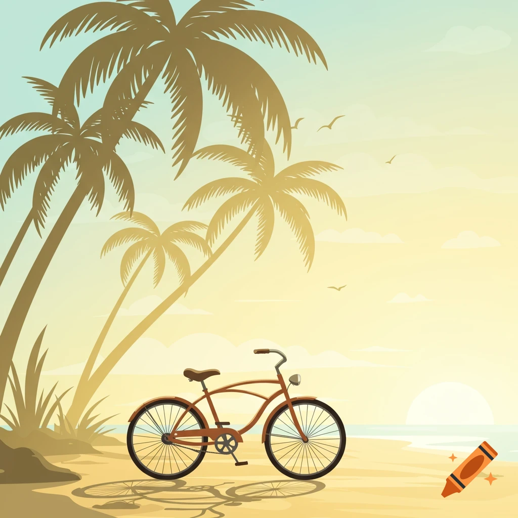 An illustration of a brown beach cruiser bicycle on a sandy beach under palm trees, with a sunset over the ocean.