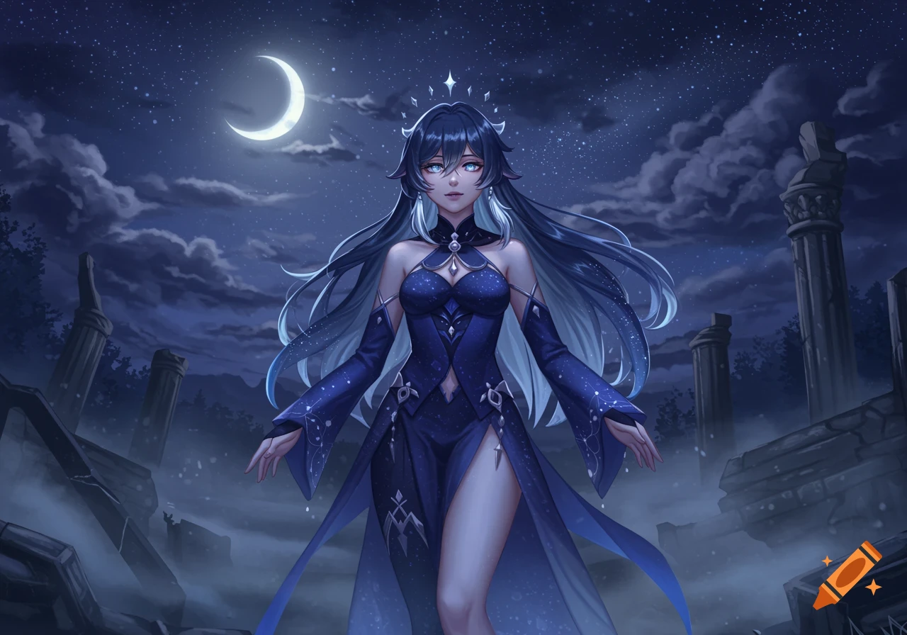 Anime-style character in a dark blue celestial dress and crown under a crescent moon, standing in ancient ruins at night.