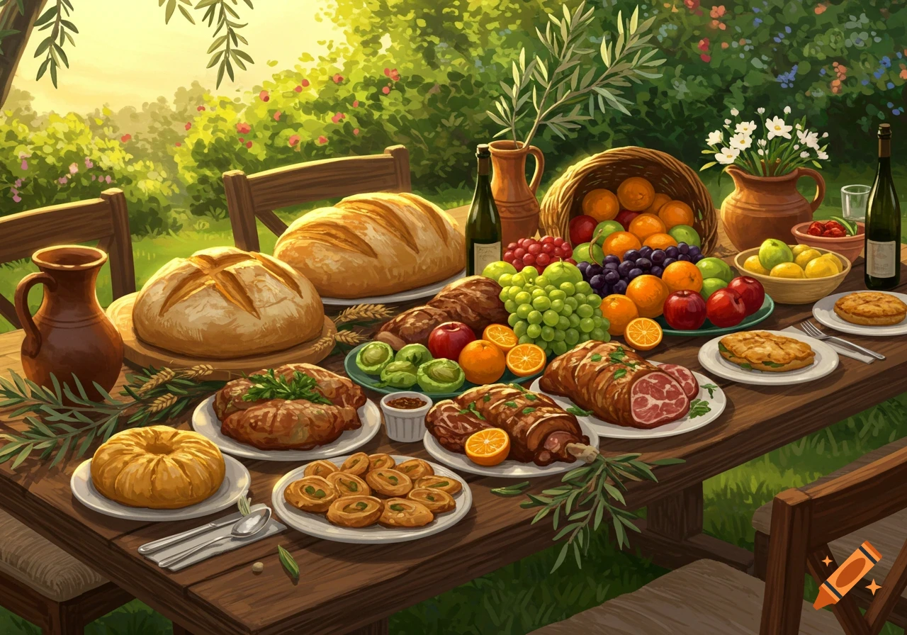 An abundant outdoor feast is spread across a wooden table, featuring loaves of bread, roasted meats, fruits, and pastries amidst lush greenery.