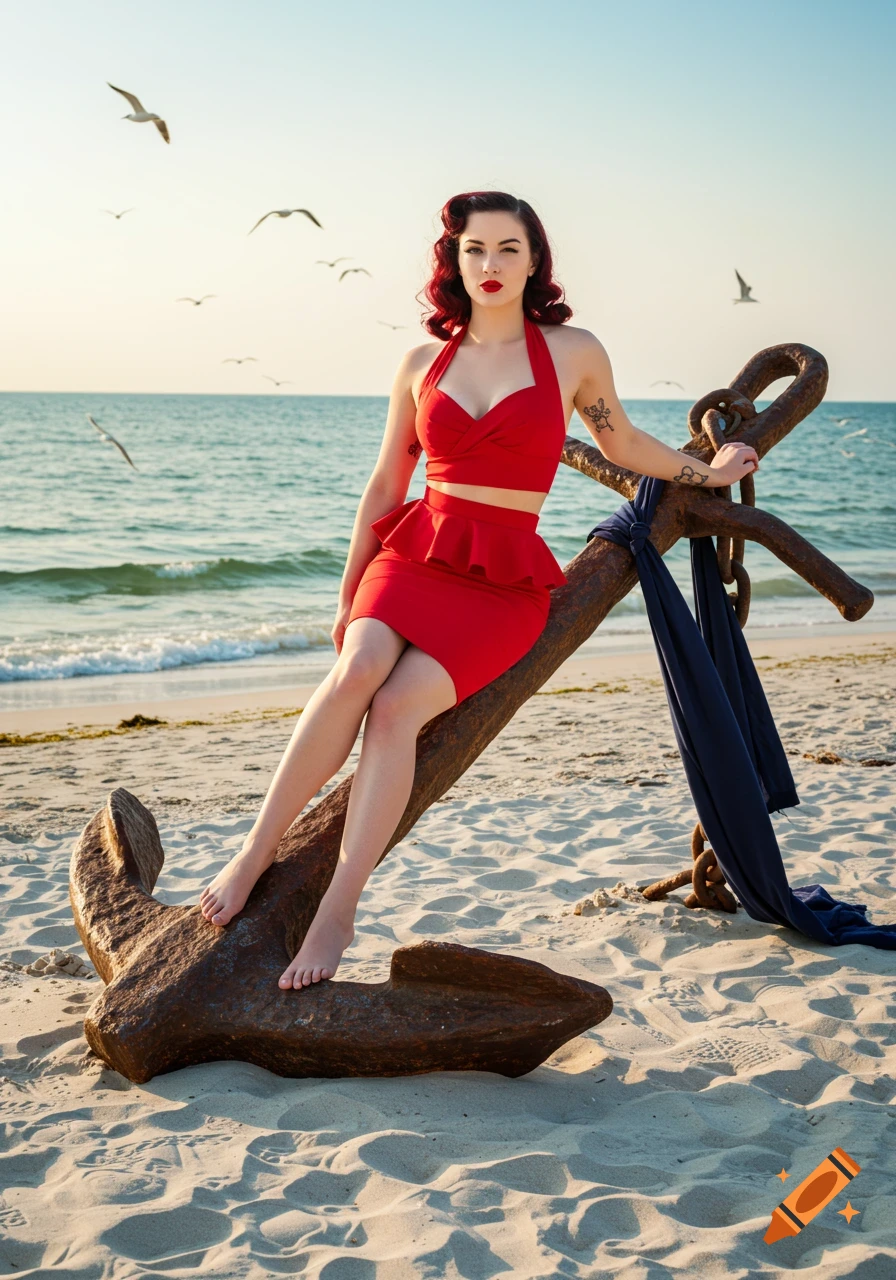 A pinup woman in a red outfit sits on a large rusty anchor on a sunny beach with seagulls flying.