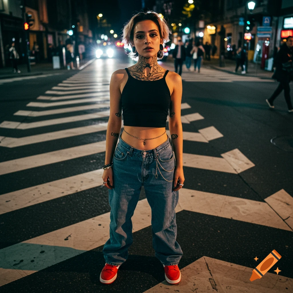 A person with neck tattoos, a crop top, and baggy jeans stands on a zebra crossing at night. Photorealistic.