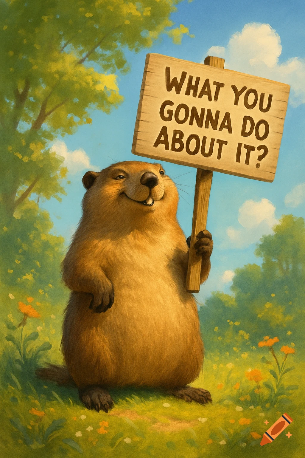 A smiling groundhog stands in a grassy field, holding a wooden sign that reads 'WHAT YOU GONNA DO ABOUT IT?' in an illustrative style.
