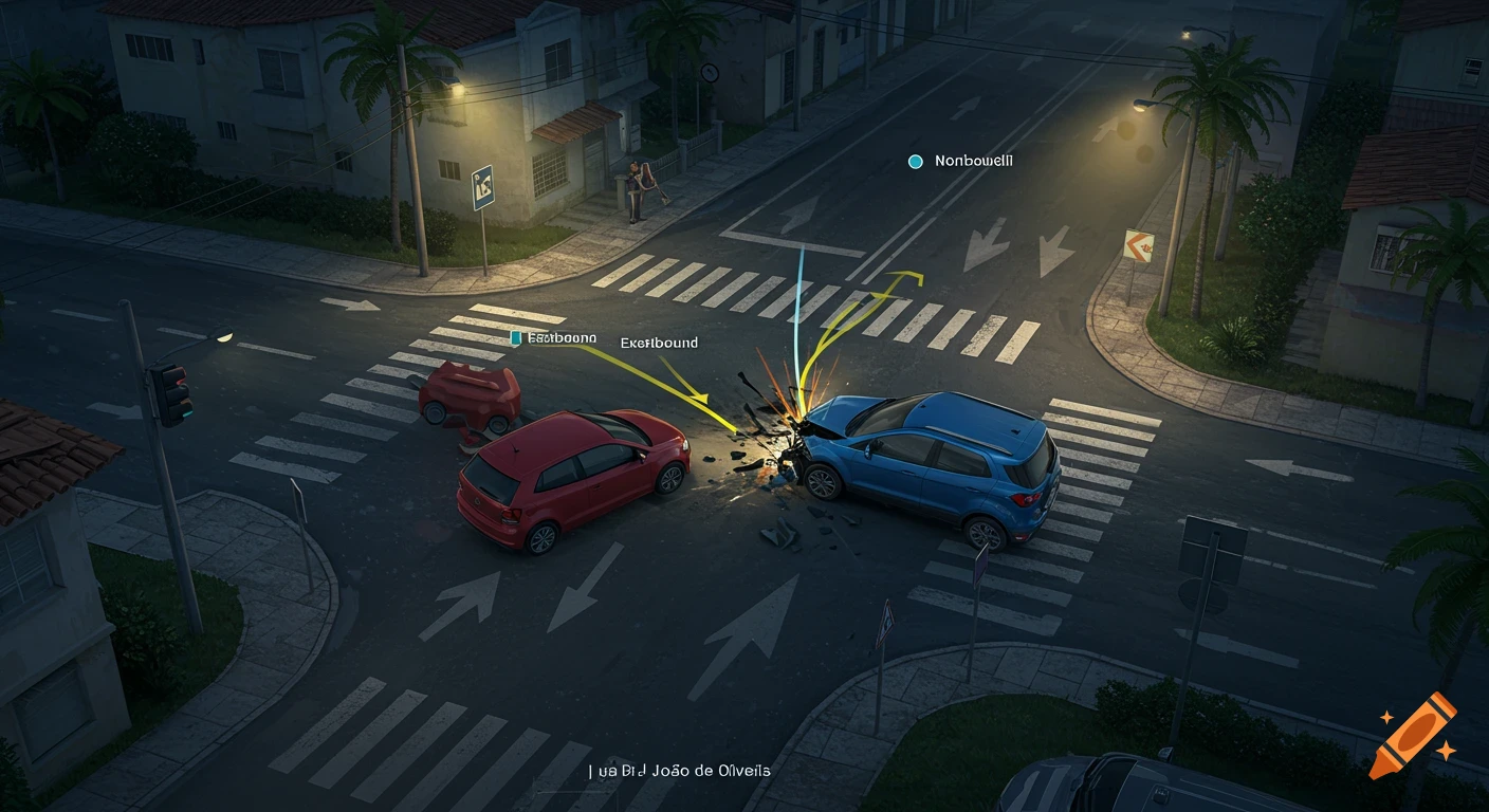 Top-down illustration of a car accident at an urban intersection at night. A red car and a blue SUV have collided in the center of the road.