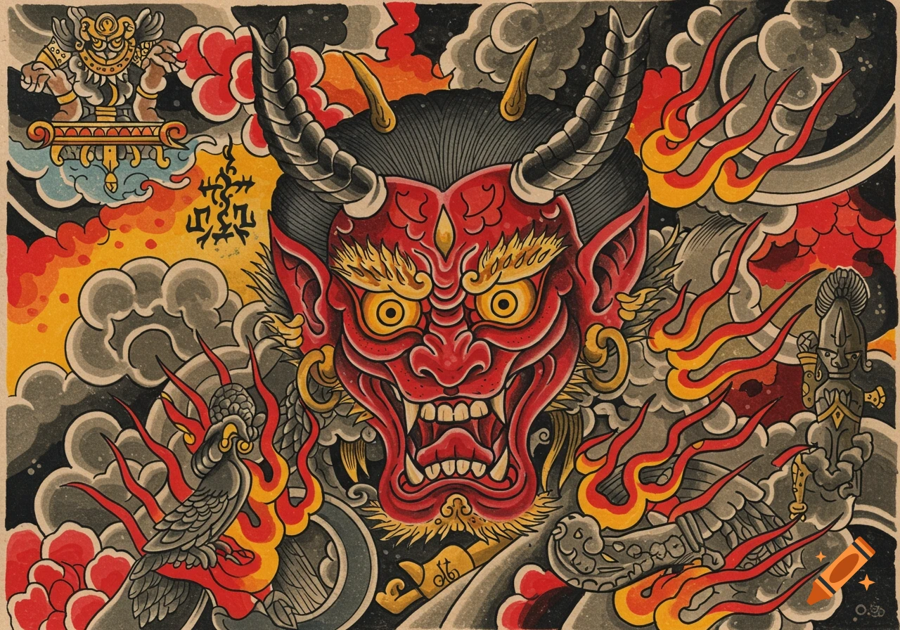A vibrant red Oni demon mask with horns and yellow eyes, surrounded by flames and smoke in a traditional Japanese tattoo art style.