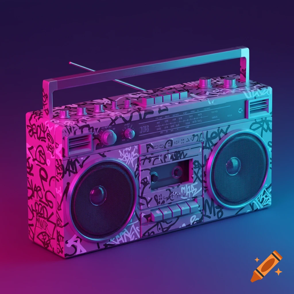A retro boombox covered in colorful graffiti, illuminated by neon pink and blue light, at a three-quarters angle.