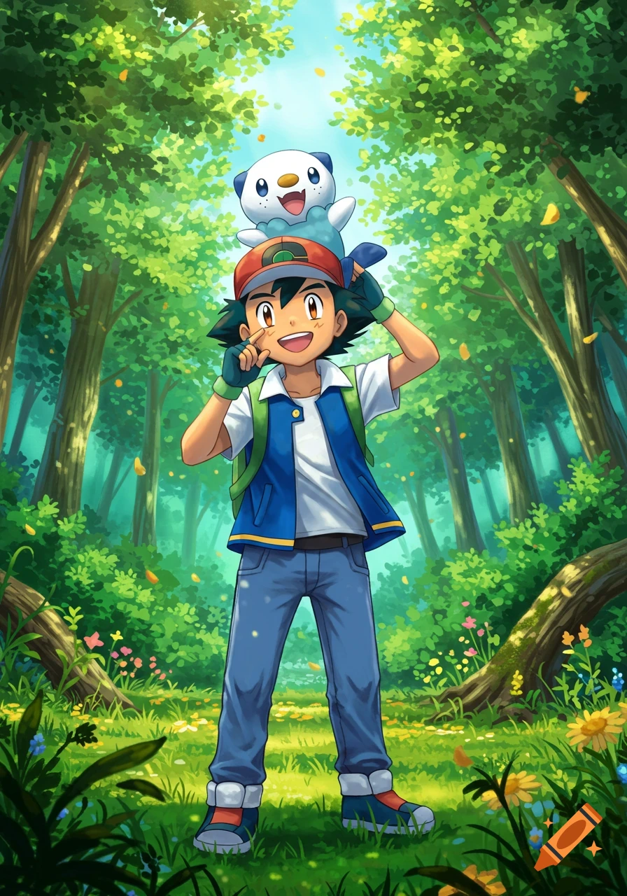 Anime style illustration of Ash Ketchum smiling with Oshawott on his head in a sunny green forest.