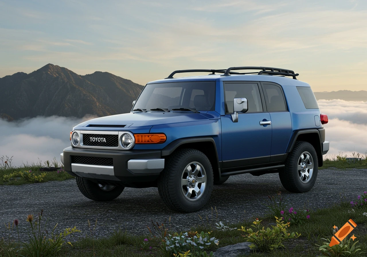 A blue Toyota FJ Cruiser parked on a mountain road overlooking fog-filled valleys and mountains.