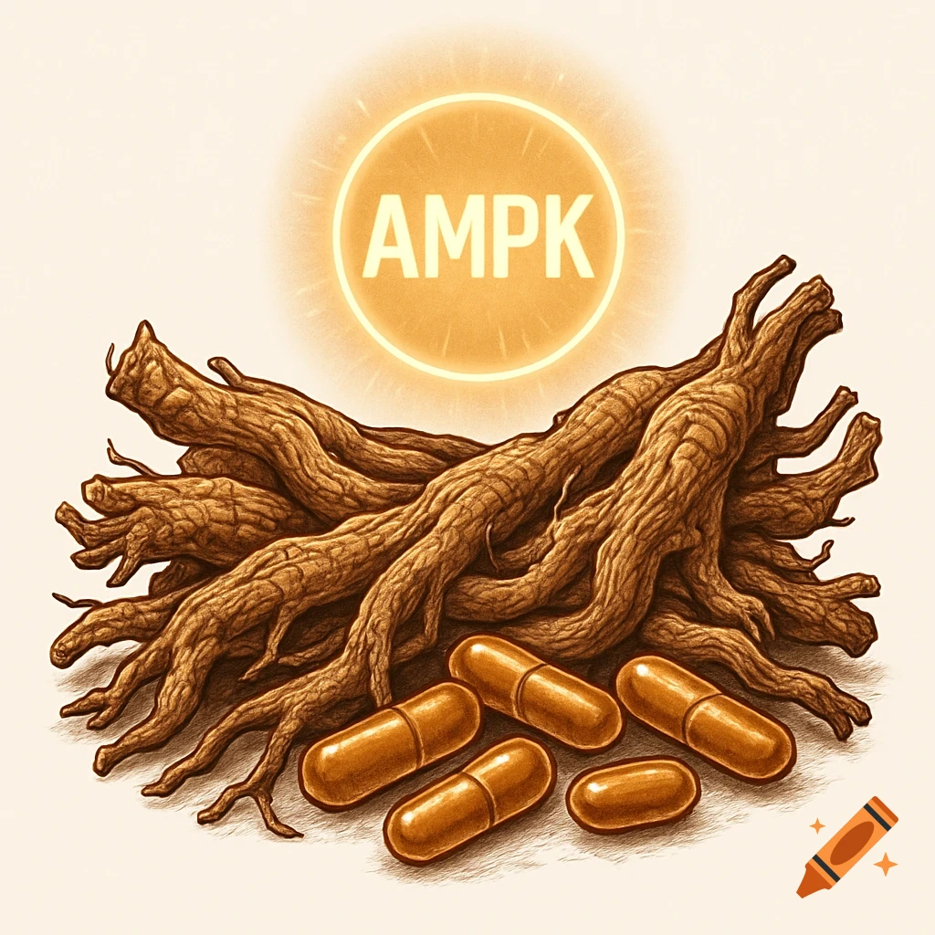 Illustration of brown, gnarled roots and golden capsules with a glowing 'AMPK' icon.