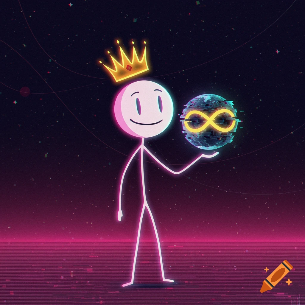 A smiling stick figure with a crown holds a glitchy planet with an infinity symbol against a starry, retro-futuristic background.