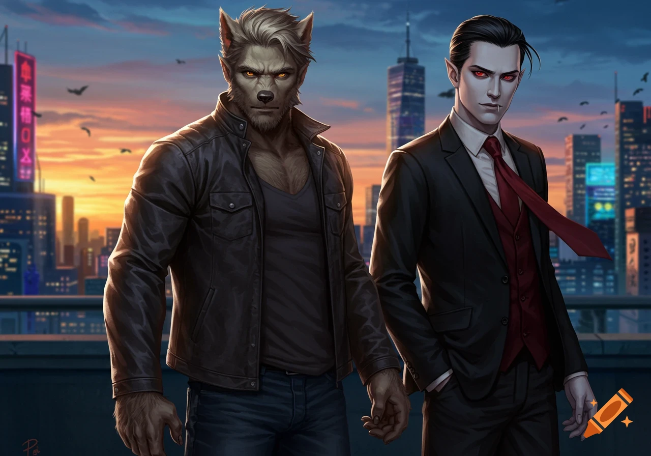 A werewolf in a leather jacket and a vampire in a suit stand on a city rooftop against a vibrant sunset sky.