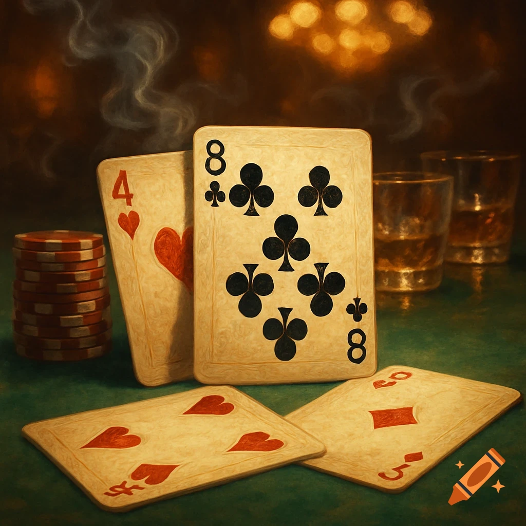 Poker hand with an 8 of clubs, 4 of hearts, and 5 of diamonds, poker chips, and drinks on a green table, painterly style.